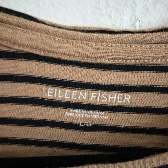 Eileen Fisher Women L Brown Black Striped Organic Cotton Short Sleeve T-Shirt - Picture 7 of 9